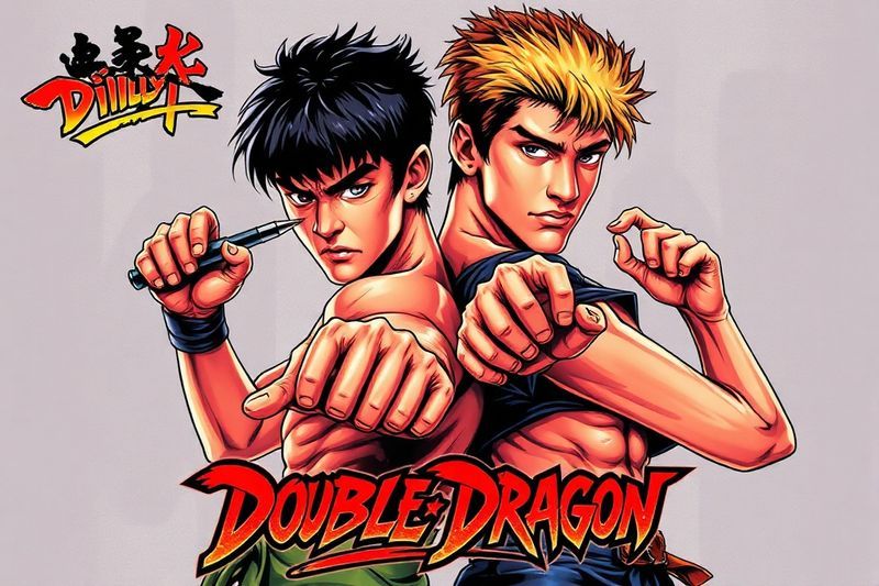 Billy y Jimmy Lee de Double Dragon en un estilo de póster cinematográfico arcade