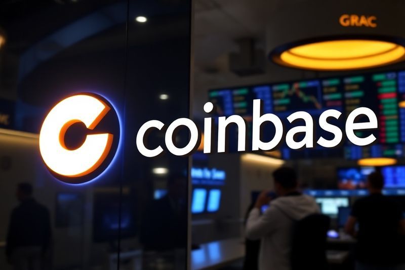 Símbolo de Bitcoin junto al logotipo de Coinbase que muestra gráficos comerciales institucionales