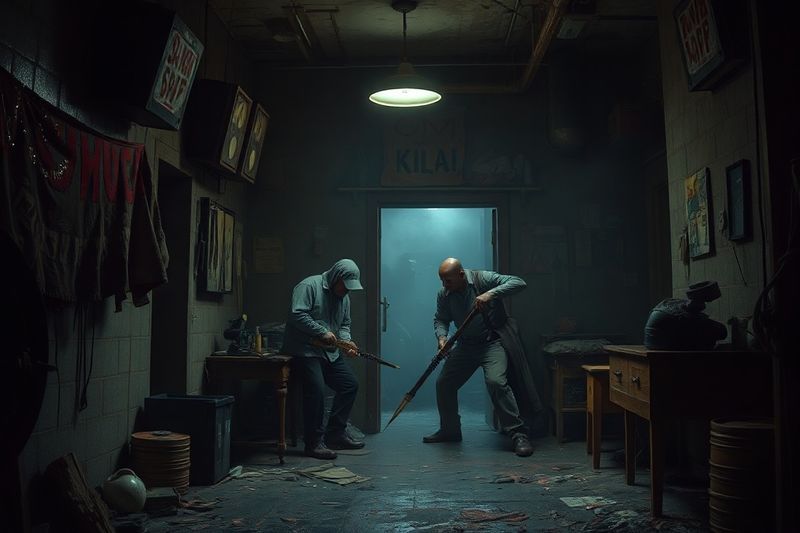 Carnicero y equipo escondidos en una sucia casa segura de 2026 con poca luz y arena