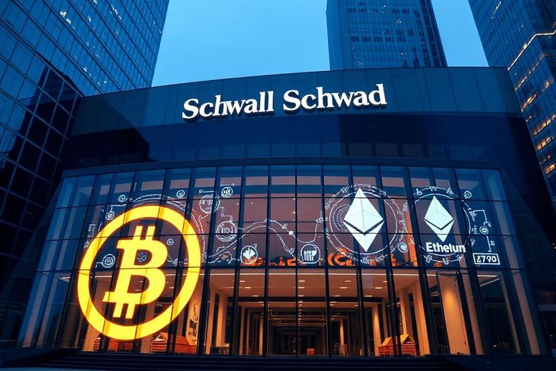 Charles Schwab headquarters with digital Bitcoin and Ethereum symbols integrated into the design