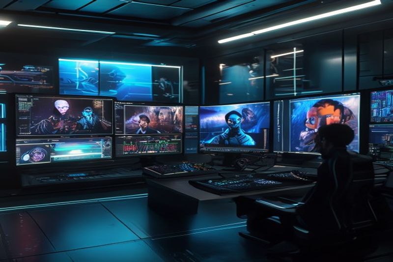 A professional futuristic video editing suite displaying a side by side comparison of five AI models