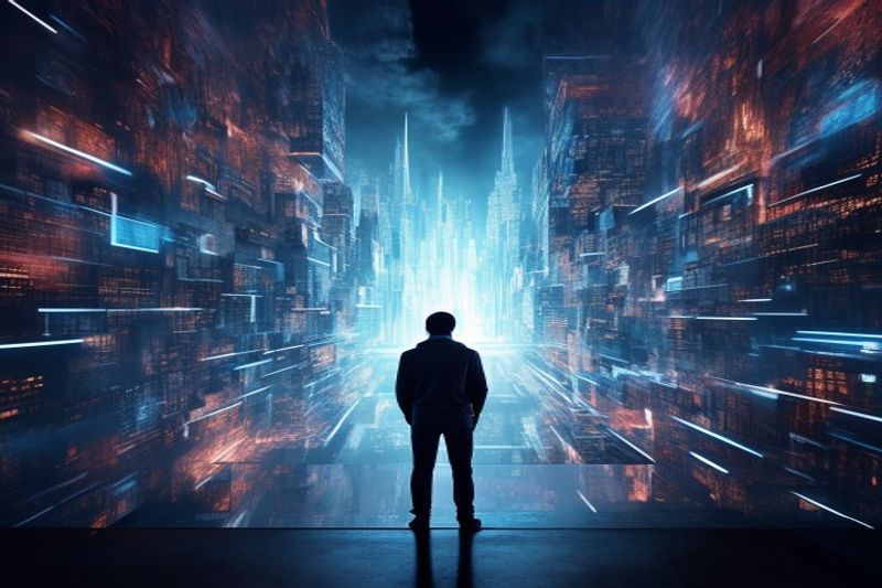 A person at the edge of a digital maze looking toward a futuristic city for Future of Blogging 2026