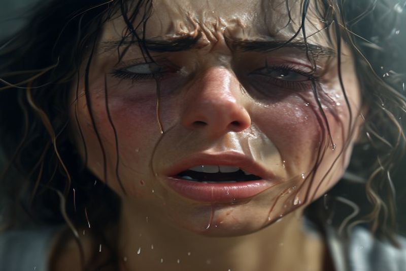 A close-up emotional generation testing the naturalness of tears and shaky breathing