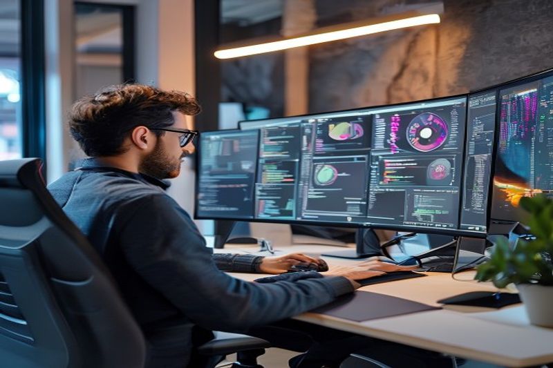 A modern copywriter using AI tools to enhance sales page conversion