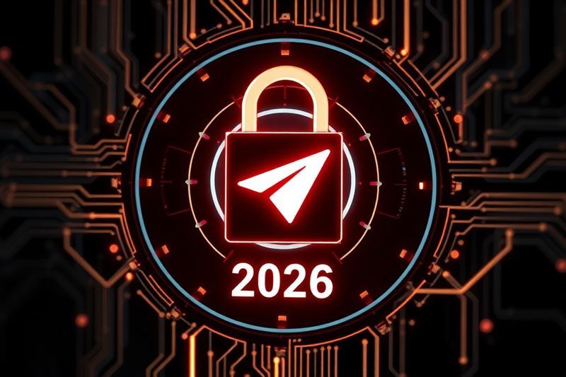 带有代表 2026 年数字隐私风险的 Telegram 徽标的安全锁