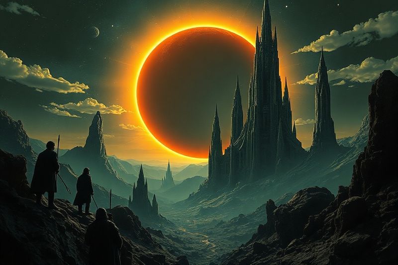 超現実的な建築物が変化する歪んだ日食の下にあるエイリアンの惑星カルコサ