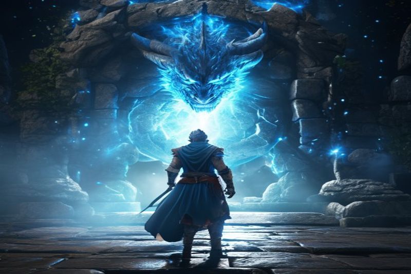 英雄站在一座废弃寺庙中闪闪发光的蓝色石门前