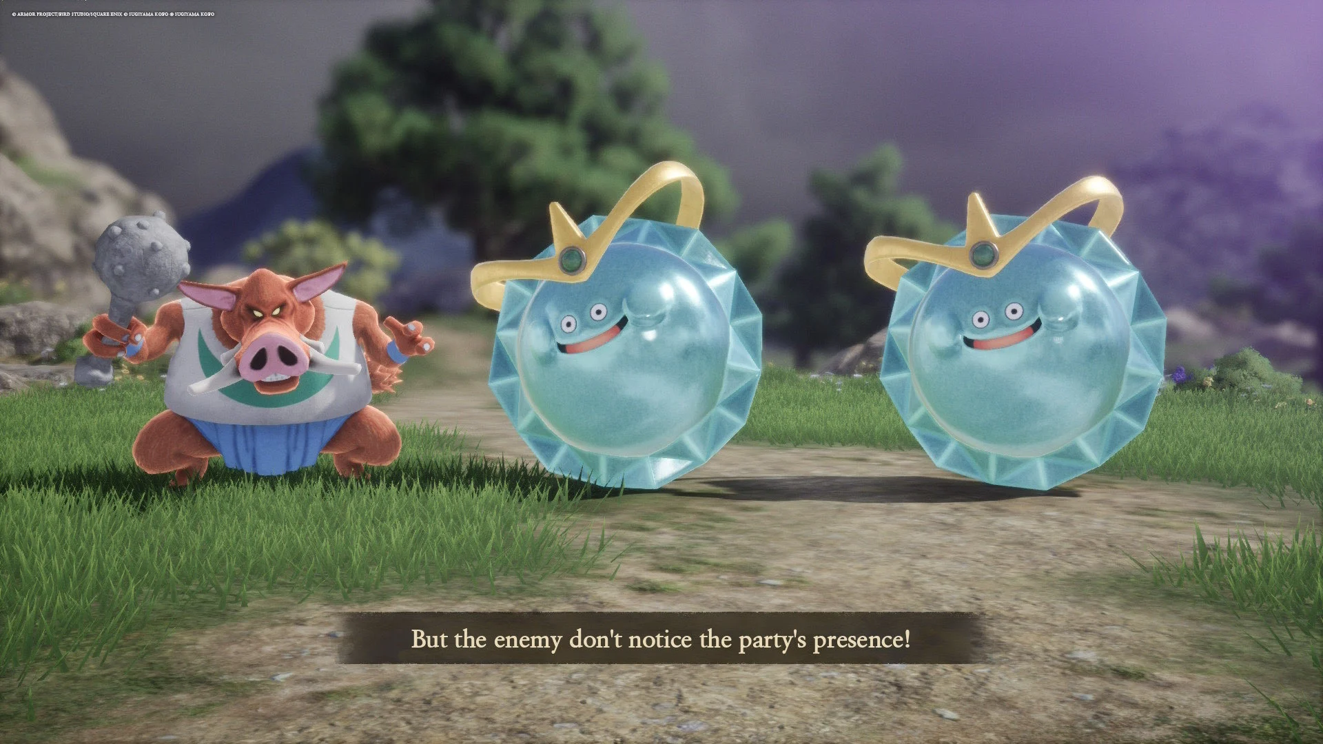 A vibrant 3D battle scene from Dragon Quest VII Reimagined showing the Hero and Ruff facing monsters