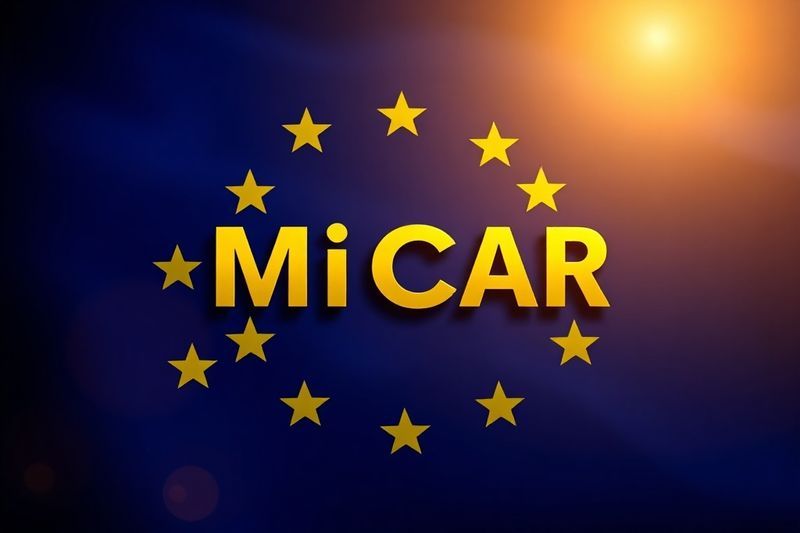 背景为欧盟旗帜的 MiCAR 监管框架标志