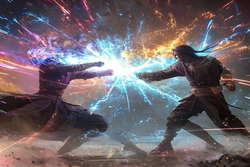 A fantasy duel generation testing the choreography and VFX capabilities of AI models