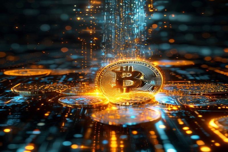 Quantum computing architecture threatening Bitcoin cryptographic security with glowing gold coins