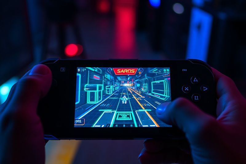 ネオン弾トレーサーを使用した熱狂的なアクション ゲームプレイを示すゲーム用ハンドヘルド デバイス