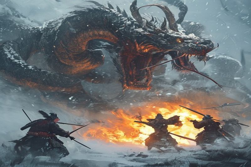 《羊蹄传说之魂》中一条巨大的多头妖怪攻击武士火力队