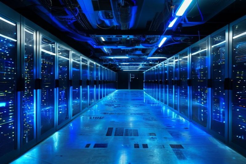 Sala de servidores con iluminación azul que representa la base técnica para un trabajo de blog a tiempo completo