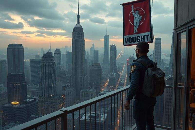 Homelander de pie en el balcón de Vought con vista a la propaganda distópica de Nueva York 2026