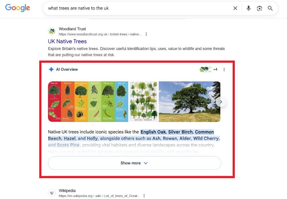 Descripción general de la IA en Google sobre árboles nativos del Reino Unido