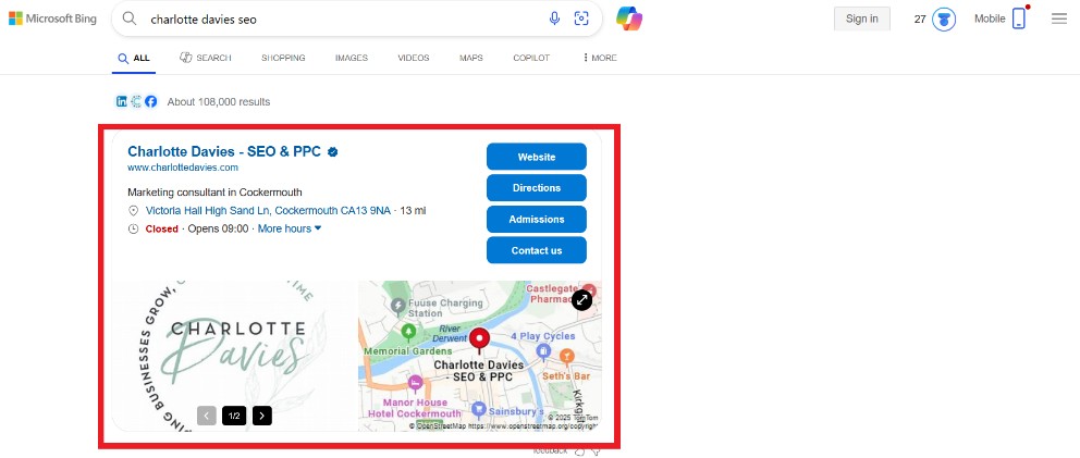 Listado de Bing Places for Business mostrado en la página de resultados de búsqueda