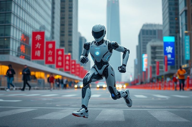 El robot humanoide Honor Lightning corriendo en un entorno urbano de maratón de Beijing