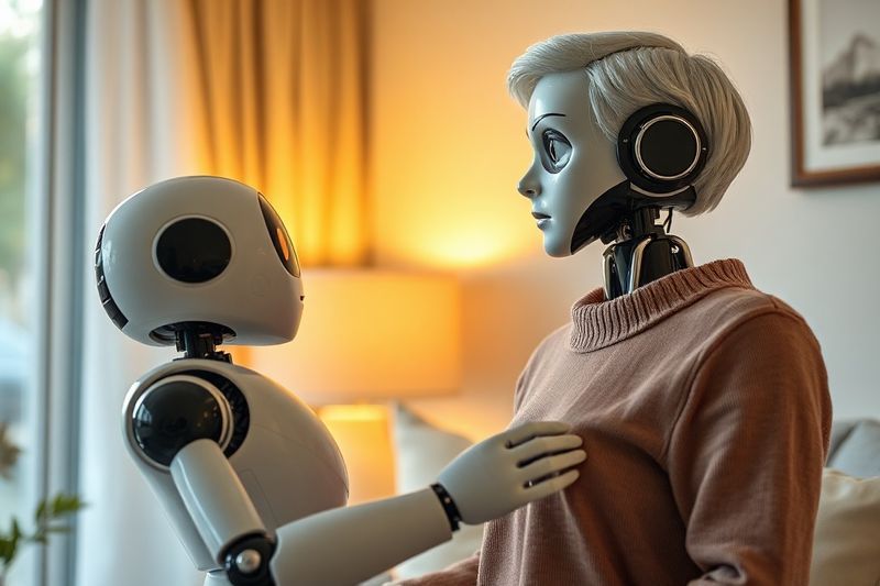 Robot humanoide que ayuda a una persona mayor en una casa moderna con iluminación cálida