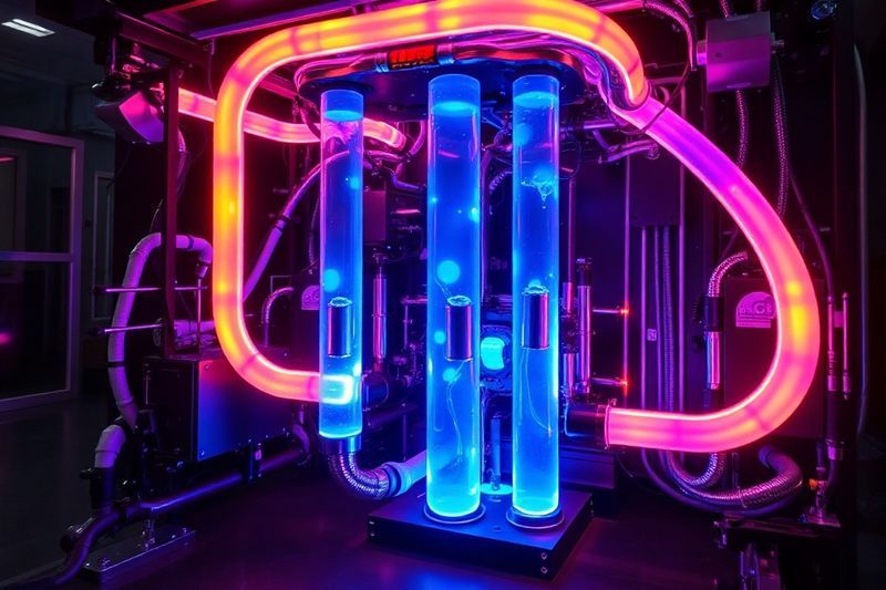 Sistema de refrigeración líquida interna con tubos de refrigerante incandescentes dentro de un brazo robótico.