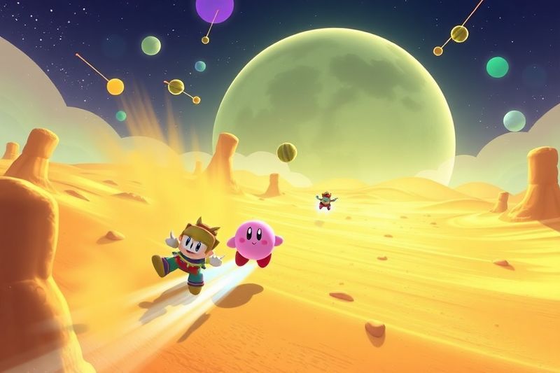Visualización de la acción esporádica de Kirby Air Riders vs el entorno desértico de Metroid Prime 4 Beyond