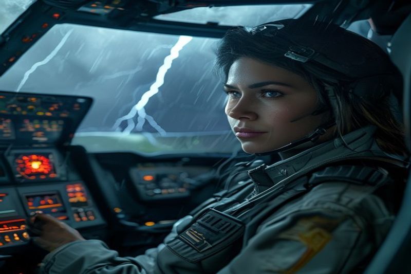 A female pilot in a cockpit during a storm generated by the versatile Kling 2.6 model