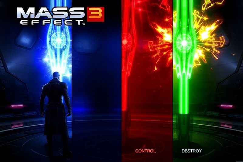 《质量效应 3》中三个结局路径的可视化：控制、毁灭和合成