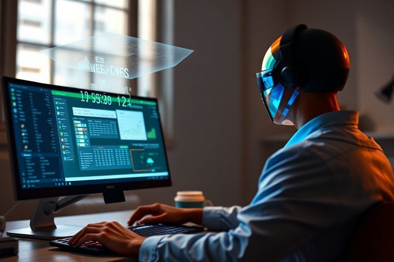 Iconos de Microsoft Office con un agente Copilot holográfico que mueve datos entre Word y Excel