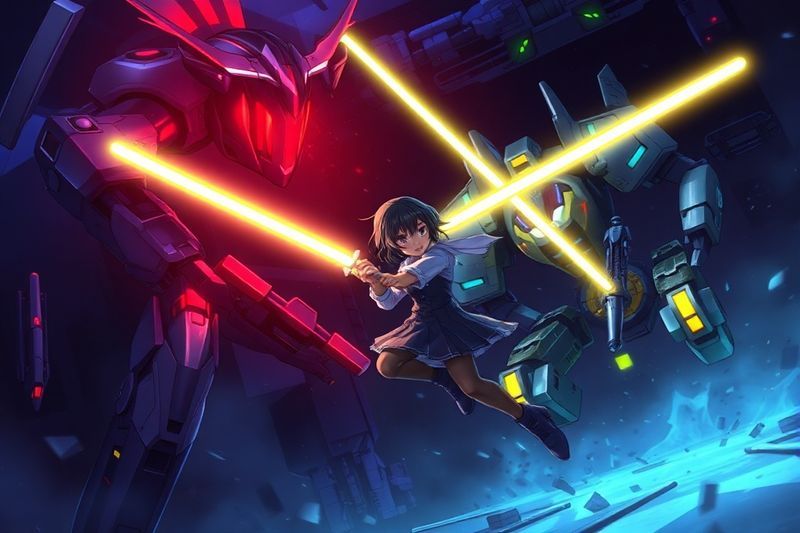 Juego de combate en Mio Memories in Orbit que muestra el combo de sable contra enemigos mecánicos