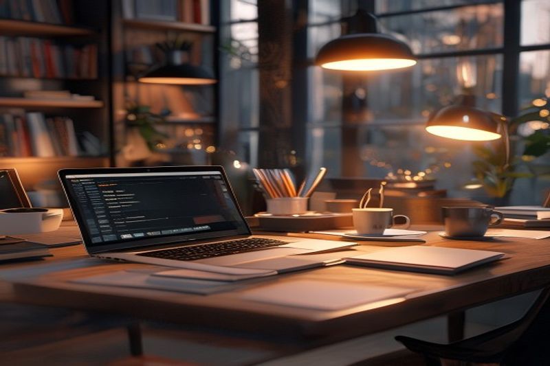 A clean and inspiring writer's workspace with high-tech tools and creative journals