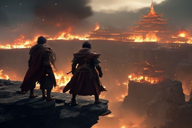 《仁王 3》评论最后一幕中，主角俯瞰着戏剧性的燃烧寺庙景观