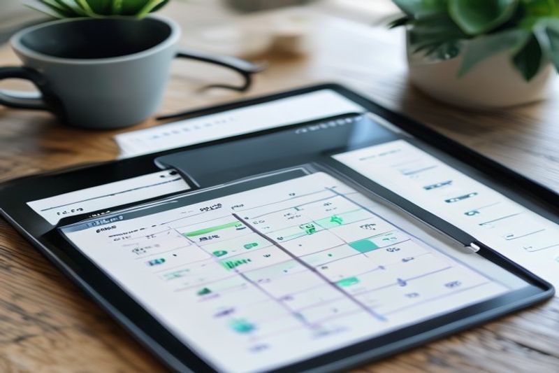 Espacio de trabajo organizado y planificador digital que muestra el flujo de trabajo del blogger profesional.