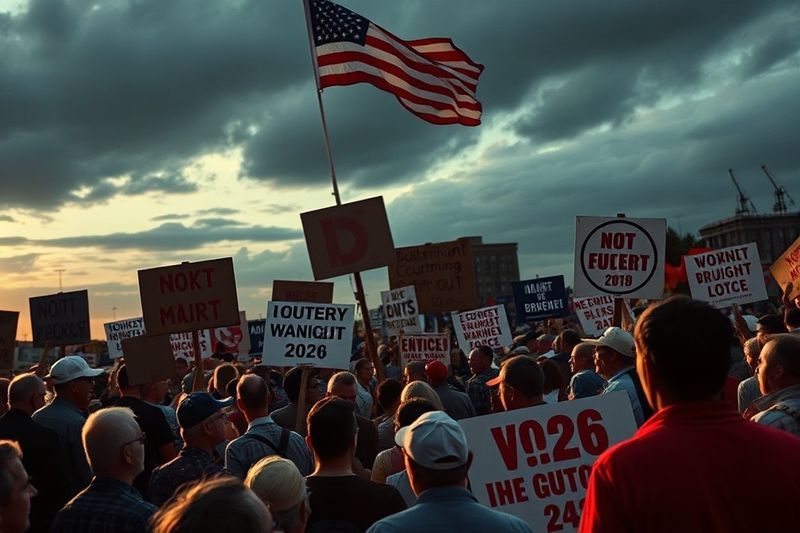 Manifestación política 2026 con logotipos de Vought y carteles satíricos estilo cinematográfico