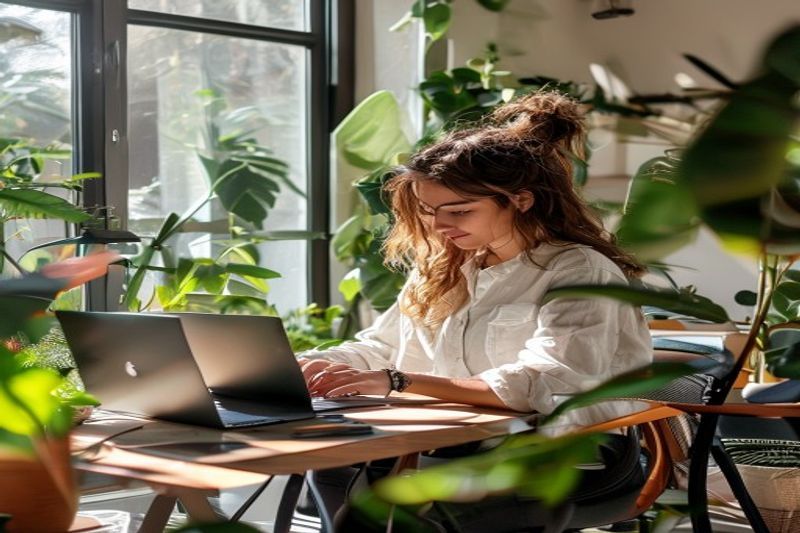 Blogger profesional que trabaja en una computadora portátil en una oficina doméstica moderna y que ilustra si los blogs pueden ser un trabajo de tiempo completo