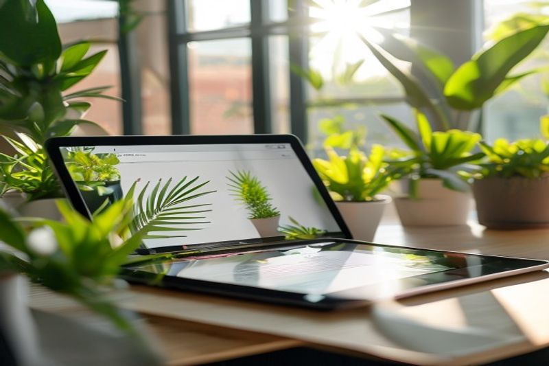 Professional wellness creator planning high-authority health blog post ideas on a digital tablet in a sunlit office
