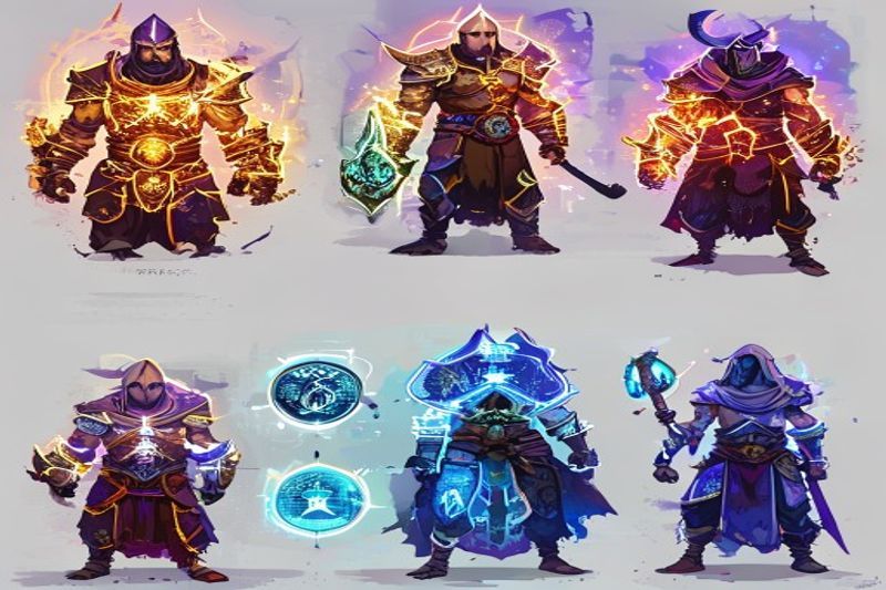 Une interface lumineuse montrant différentes classes d'emplois comme Guerrier et Mage dans un style fantastique