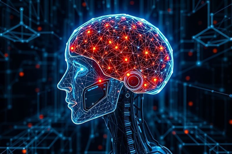 Cuadrícula de simulación de gemelos digitales que muestra una red neuronal cerebral robótica