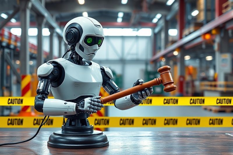 Robot en un entorno industrial con cinta de precaución y un mazo legal en primer plano
