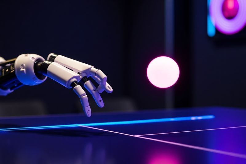 Primer plano de un brazo robótico que sigue una pelota de tenis de mesa de alta velocidad con iluminación azul