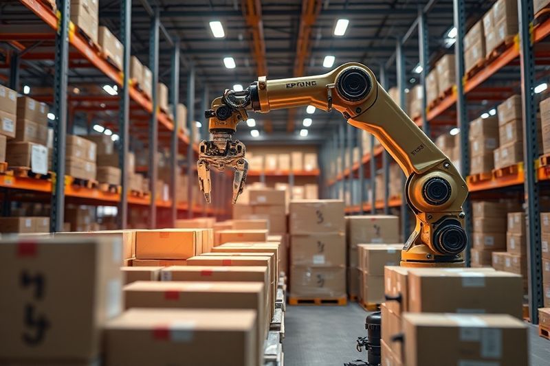 Paquetes de clasificación con brazo robótico de alta velocidad en un almacén futurista