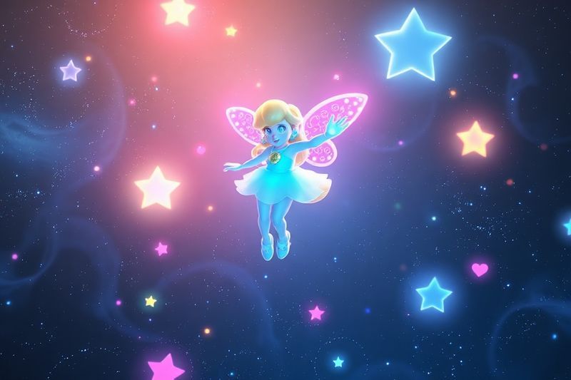 スーパーマリオギャラクシー映画のロザリーナがルマスと一緒に浮かぶ