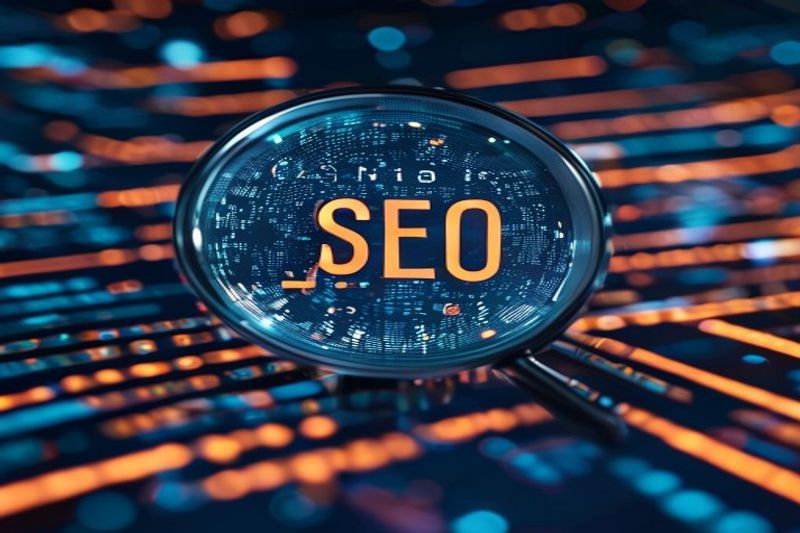 A digital magnifying glass inspecting top-ranking search results on a matrix-style screen