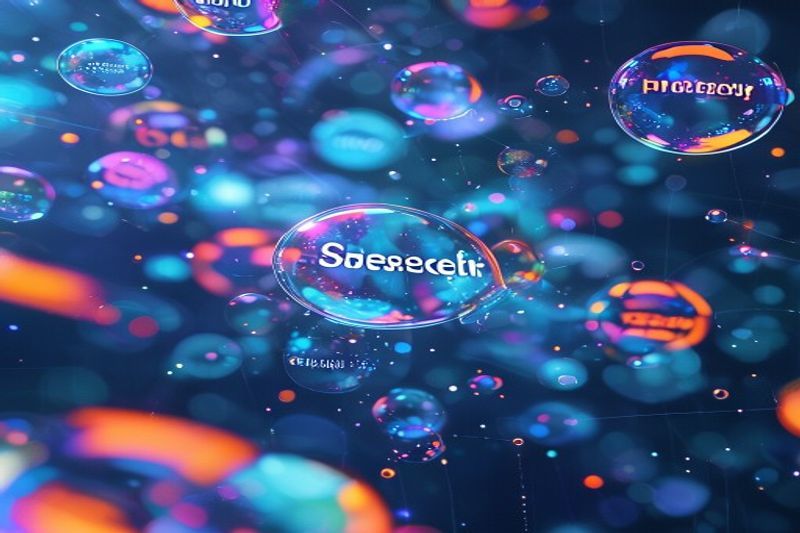 Digital bubbles containing various search queries floating in a futuristic blue space