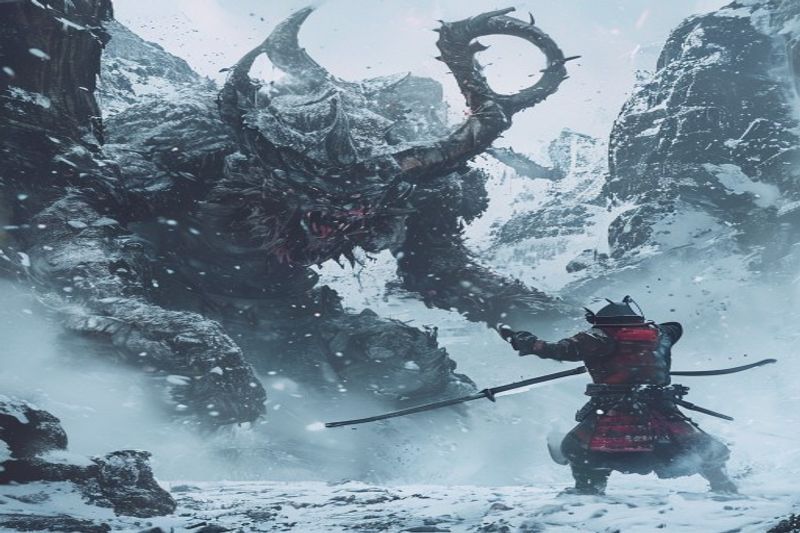 武士在雪山上与巨大的妖怪战斗，展示了《羊蹄之魂》的 PvE 重点