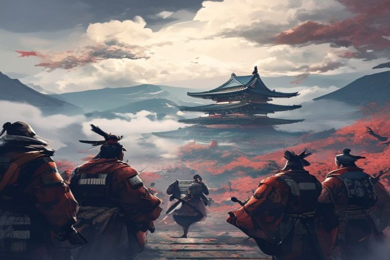 武士火力队庆祝胜利，俯瞰羊蹄传说中美丽的日本景色