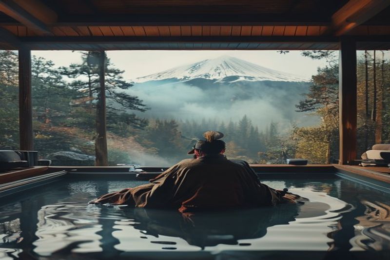 武士在《羊蹄传说之魂》的山间温泉大厅里放松身心