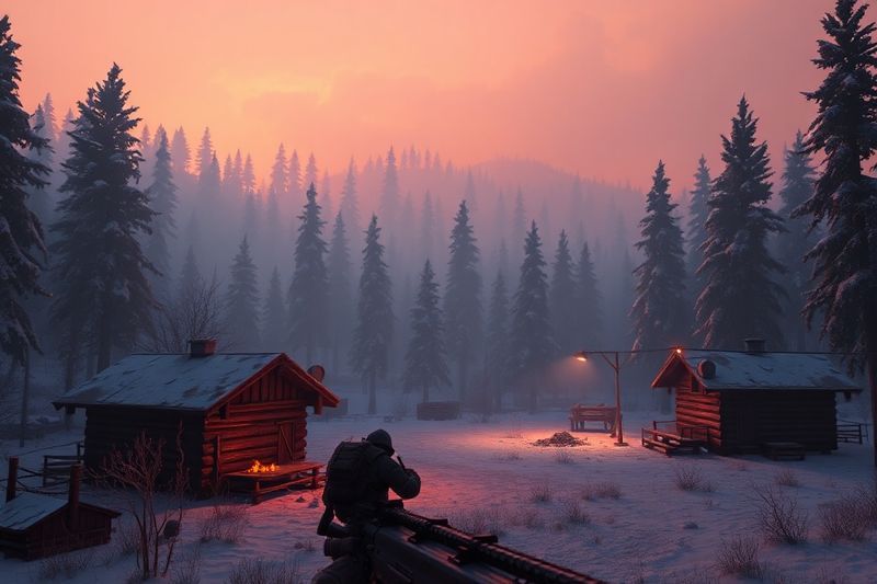 Escena de juego de State of Decay 3 en la que los supervivientes construyen una base en un bosque nevado