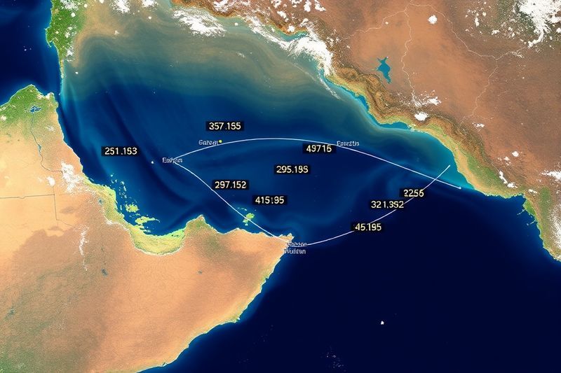 Vista satelital del Estrecho de Ormuz con datos de envío y superposición de precios de Bitcoin