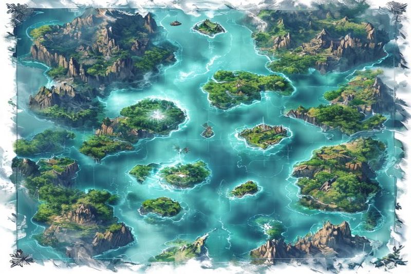 Une carte stylisée d'îles flottantes avec des effets de portail entre elles