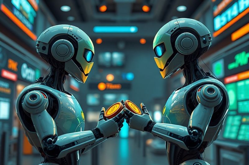 Dos robots negociando e intercambiando tokens digitales en un mercado futurista
